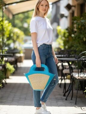 By Del Rio New Straw bag with Blue handles and shoulder strap NWT